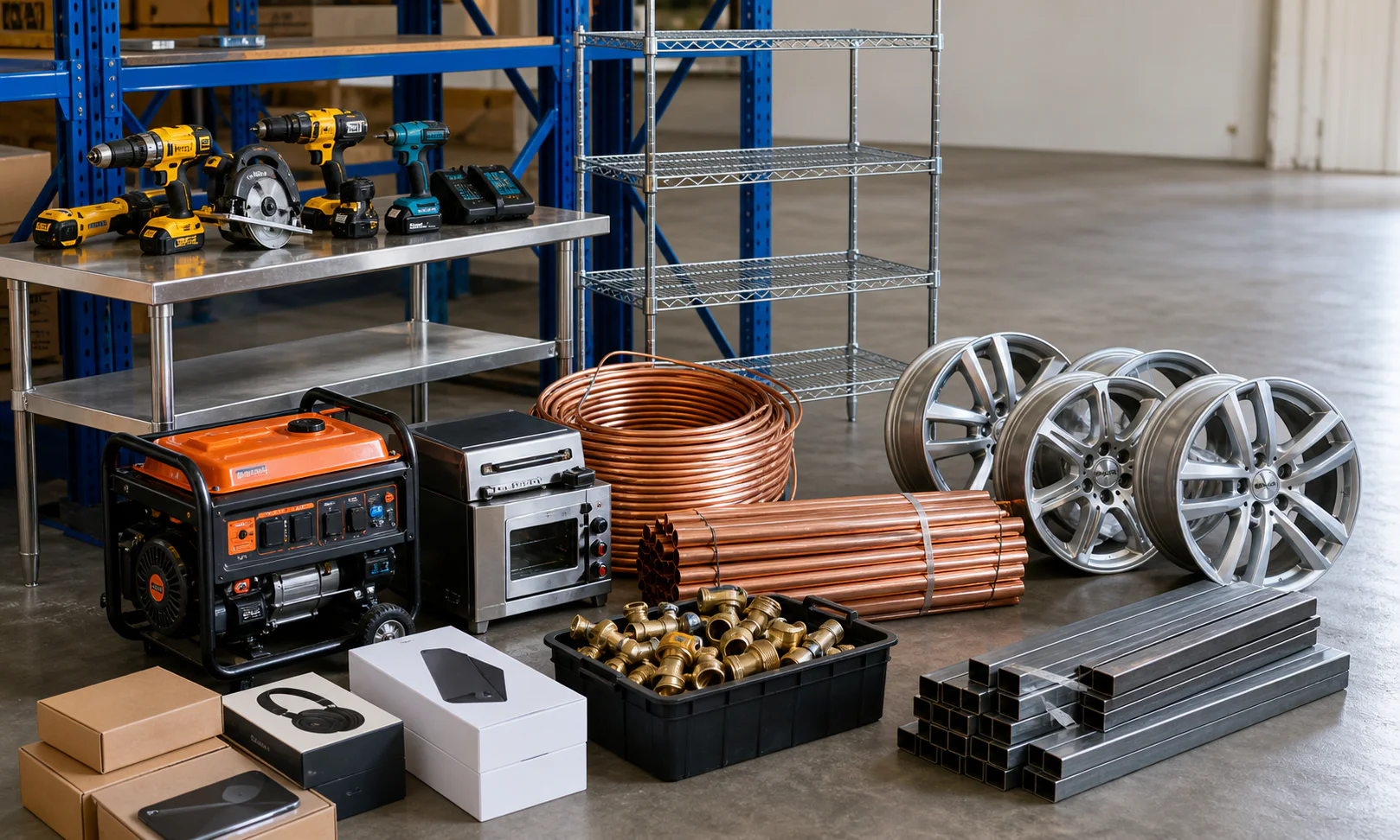 Quality items and clean metal accepted for evaluation, including power tools, a generator, stainless equipment, copper pipe, brass fittings, aluminum wheels and steel stock